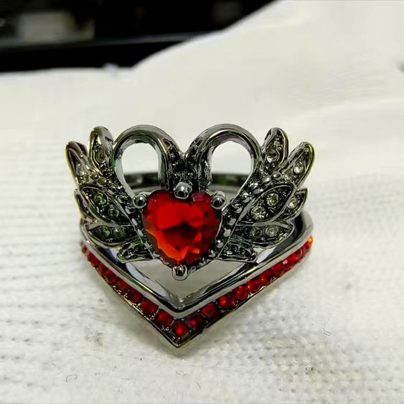 Ruby Zircon 2 piece Set, Ring and Matching Band, Heart, Swan.  7 - Picture 1 of 2